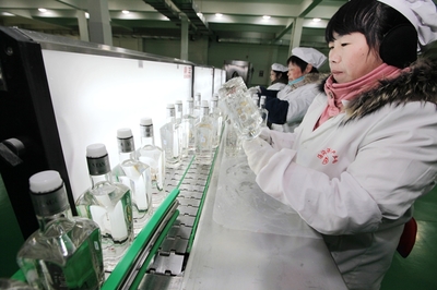 灌南湯溝酒業包裝車間工人們正加班加點包裝產品